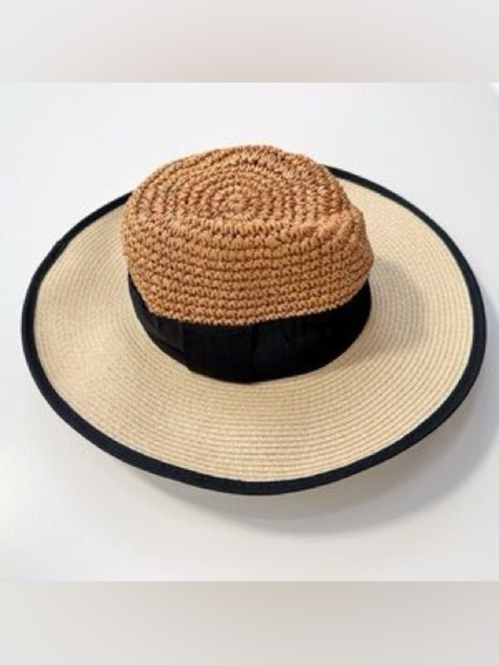 Halogen Two Tone Black Ribbon Woven Straw Sun Hat Raffia Preppy Beach Cap 2010